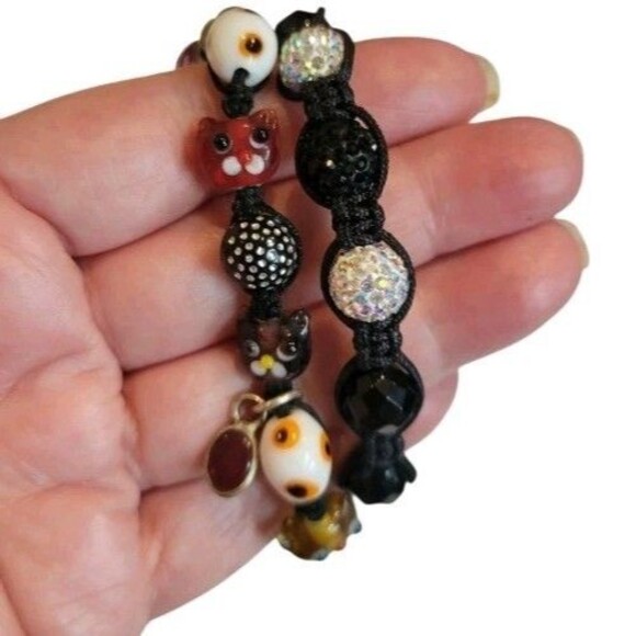 Handmade Kitty Cat Cats Lampwork glass Charm Bead  bracelet & Black Beaded Lot - Picture 6 of 6